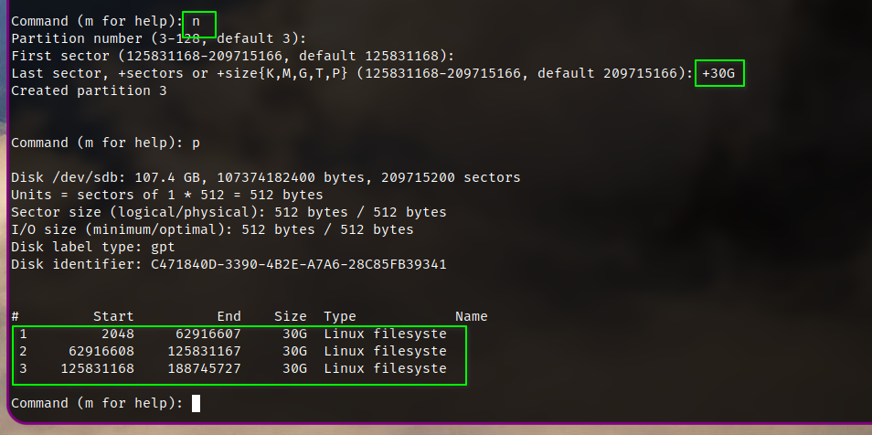 最後在建立30G的分區,記得w保存
